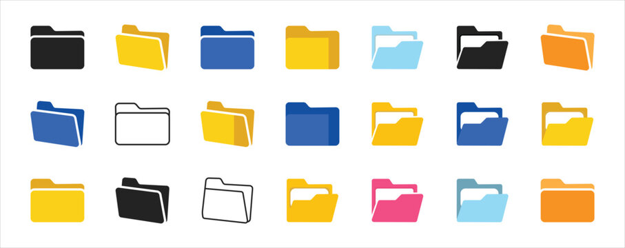 Set of Colorful folder icons, in various colors and styles. Perfect for file management apps, UI/UX design. Office folder icon with documents. Folder for reports and archive cases. vector illustration