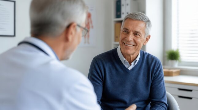 An experienced male physician wears a white coat and stethoscope, attentively listening to a cheerful older gentleman patient wearing a blue sweater during a medical consultation in a well-lit