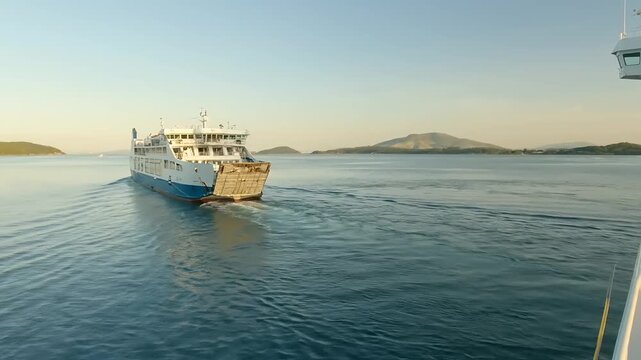 A large white boat on calm waters.