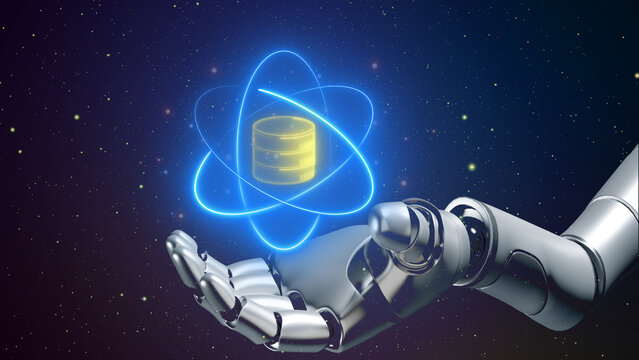 Robotic hand holding glowing atom orbit with database cylinders icon. Future data infrastructure and cloud computing concept.