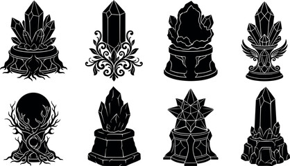 Mystic crystal altar stands collection featuring detailed black silhouettes of magical quartz clusters geode stones and crystal ball pedestal vectors © MstAduri