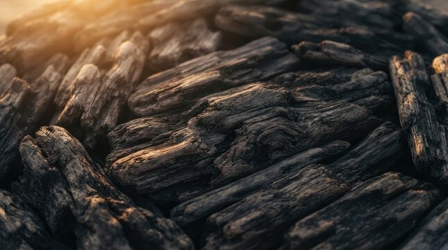 Close up of charred wood texture for background, burnt timber logs for barbecue fuel, dark rustic charcoal surface for design