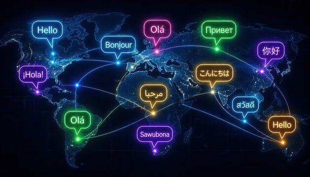 Digital world map connecting diverse languages with glowing speech bubbles communication language connection international technology diversity translation internet interaction dialogue