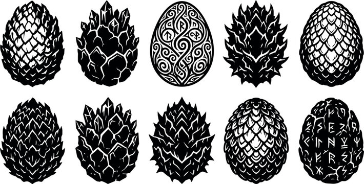 Fantasy dragon egg collection featuring black vector silhouettes with detailed reptile scales magical crystals runes and ornate tribal patterns