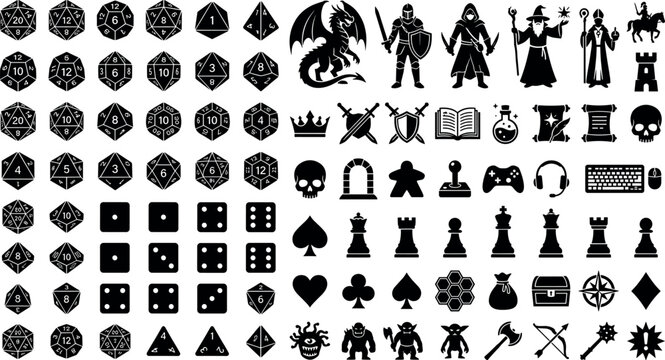 Tabletop RPG board game collection featuring black silhouettes of polyhedral dice fantasy monsters knights chess pieces and video gaming icons