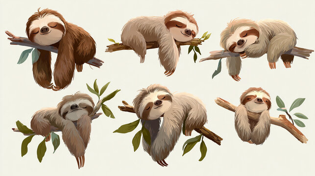 A cute set of little wild sloths hanging from a tree branch