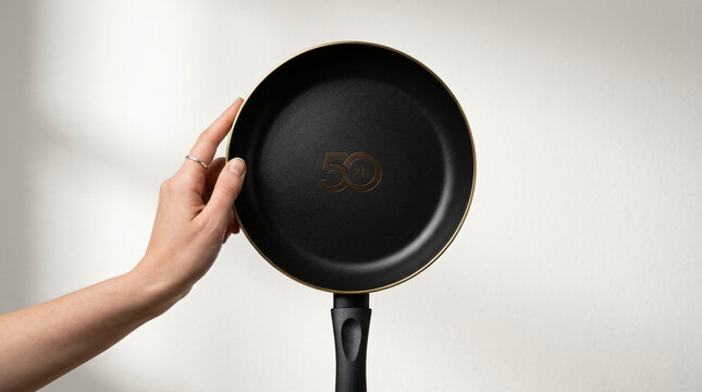 Hand holding black non-stick frying pan with handle and logo