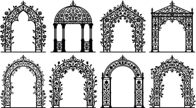 Vintage garden arch and pavilion collection featuring detailed black silhouettes of wrought iron arbors with ornate floral rose vine patterns