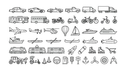 50 Hand-Drawn Transport Icons, a comprehensive vector collection of vehicles and travel elements. Black and white line art illustrations for web, app, and infographic design. © Dylan