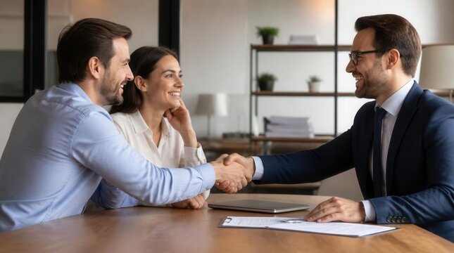 Professional financial advisor warmly shaking hands with a happy couple seated at a desk during a consultation, discussing plans and agreements with smiles and positive interactions signifying