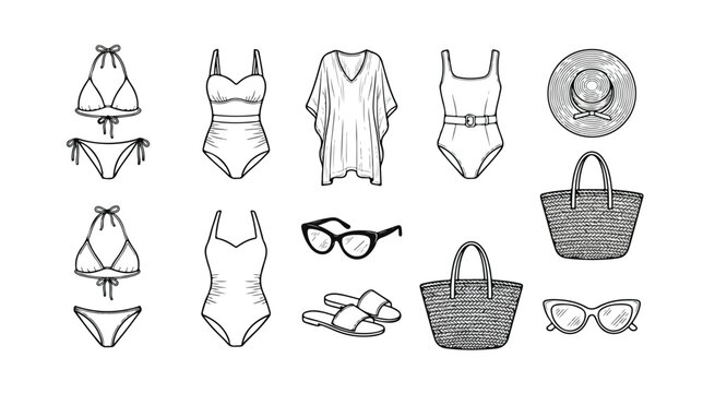 Summer beachwear vector collection, vintage engraving style swimwear, elegant resort fashion accessories, vacation essentials graphic set