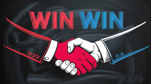 Chalkboard style illustration of two hands shaking to signify a win win agreement business deal partnership success cooperation with background representing successful