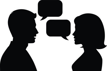 A black silhouette of a man and a woman facing each other in conversation with two speech bubbles between them on a white background © MD. SABBIR