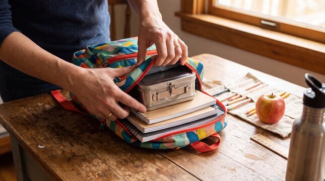 Morning school preparation with colorful backpack lunchbox notebooks and apple on wooden table