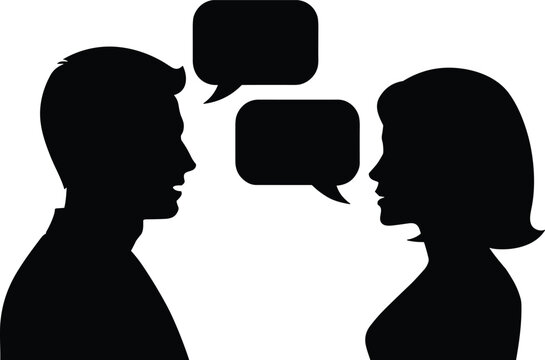 A black silhouette of a man and a woman facing each other in conversation with two speech bubbles between them on a white background