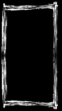 Vertical white grunge scribble frame overlay. Animated texture video effect background on black for screen blending.