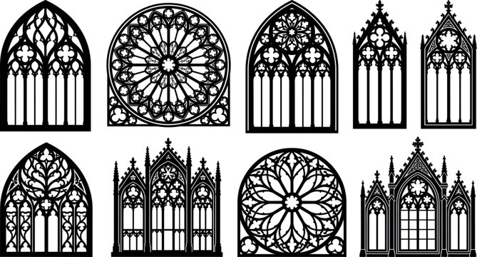 Gothic cathedral window collection featuring black vector silhouettes of ornate rose windows stained glass tracery and medieval church arches