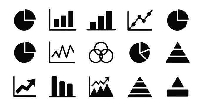 Business Data Visualization Icons Featuring Analytics Charts, Bar Graphs and Pyramid Infographic Elements