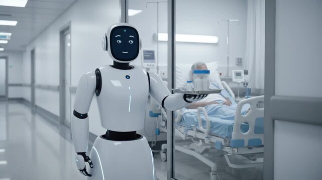Autonomous robot moves silently through hospital corridor carrying sealed medication tray. Approaches patient room as elderly patient looks up curiously from bed. Healthcare automation concept