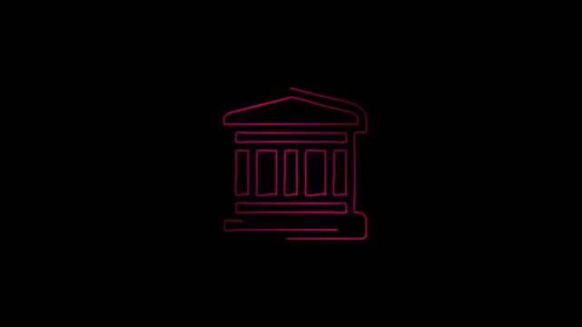 Minimalist bank icon line animation progressing through three stages against black background for financial and institutional concepts in modern graphic design projects with completion through smooth