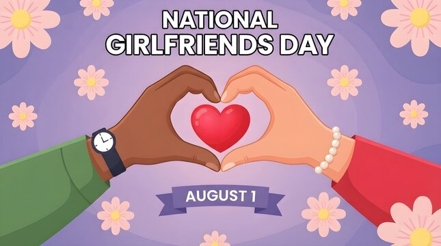 National girlfriends day celebration greeting card with hands making heart shape and flowers background, friendship

