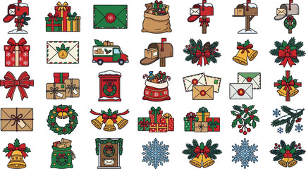 Fototapeta premium Christmas mail icons including gift boxes, post boxes, and festive letters are arranged in a flat vector collection.
