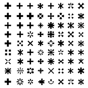 Star and asterisk symbols set with 36 unique black symbols in 6x6 grid on white background featuring star, asterisk, geometric patterns with line art and minimalist design