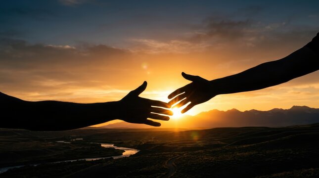 Silhouette of two hands reaching out to connect against sunset landscape