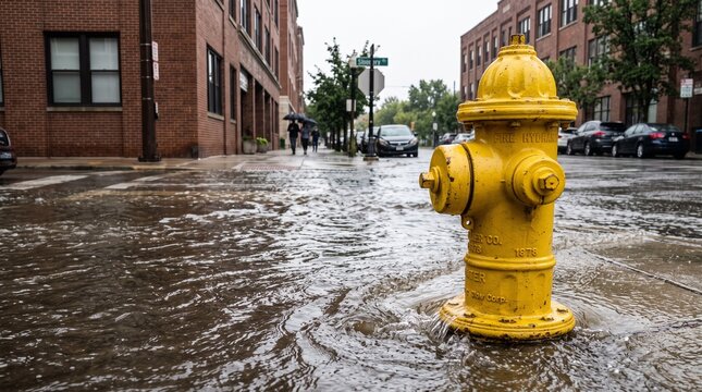 Yellow fire hydrant surrounded by swirling floodwater on city street