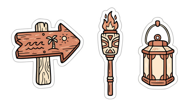 Tropical island decor sticker pack with directional wooden sign tiki torch and lantern vector illustration