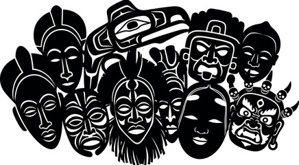 Obraz premium Indigenous tribal mask collection featuring detailed black silhouettes of traditional African Aztec Mayan and Pacific island ritual masks