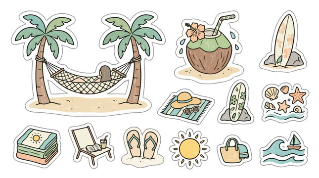 Summer holiday beach sticker pack with relaxation hammock coconut drink and surfboards vector illustration