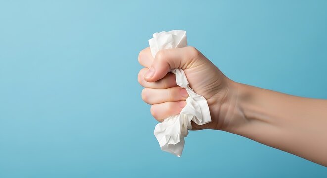 A hand tightly clenches a crumpled tissue against a bright blue backdrop