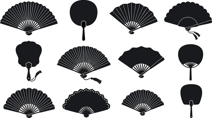 Traditional oriental hand fan collection featuring detailed black silhouettes of classic Japanese uchiwa and folding Spanish sensu vectors © MstAduri