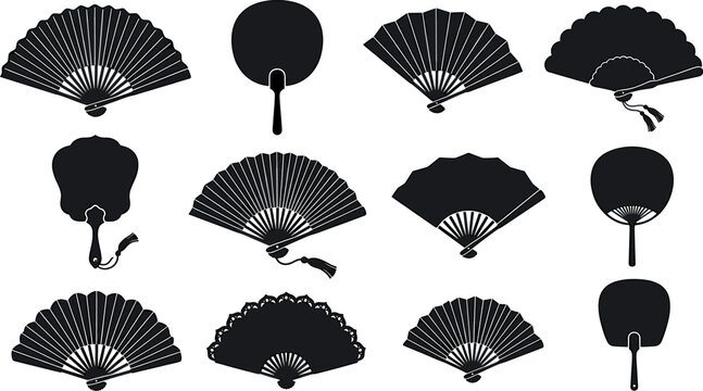 Traditional oriental hand fan collection featuring detailed black silhouettes of classic Japanese uchiwa and folding Spanish sensu vectors