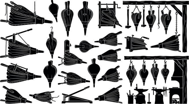 Vintage fireplace bellows collection featuring black silhouettes of traditional wood and leather hand air pumps for blacksmith forge workshop themes