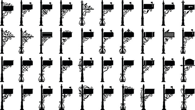 Vintage American mailbox collection featuring black silhouettes of traditional curbside post boxes on ornate decorative wrought iron pillar stands