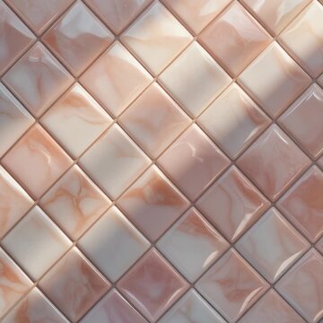 Pearlized ceramic tiles arranged in elegant geometric pattern with soft morning sunlight, handcrafted texture and subtle gloss, creating refined architectural background with generous copy space.
