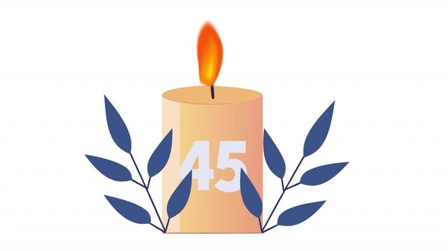 45th Anniversary Candle with Branches. Anniversary Date Animation, Alpha Channel. Cartoon