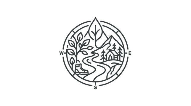 Corporate Minimalist Black and White Compass Logo with Tree Path and House for Eco Friendly Branding