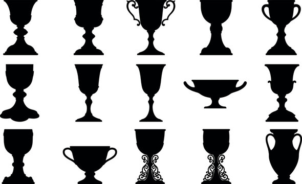 Vintage holy grail chalice collection featuring detailed black silhouettes of antique royal wine goblets and ceremonial prize trophy cups