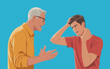 Fototapeta premium An older man argues with a frustrated young man indoors.