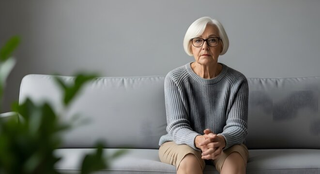 Serious lonely senior woman sitting on sofa contemplating retirement and health