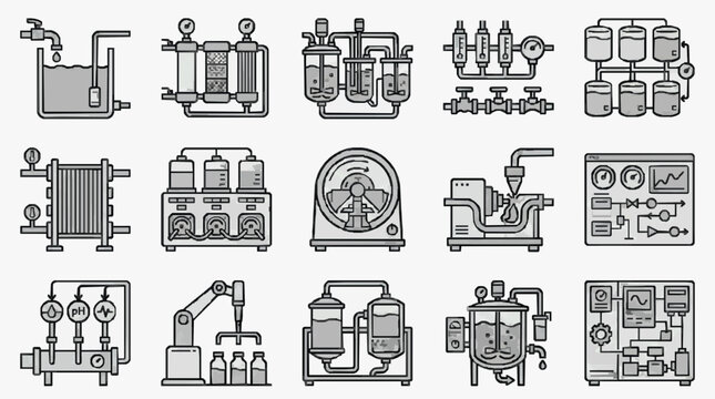 Professional Black and White Line Drawing Set of Industrial Equipment and Process Control Systems Icons