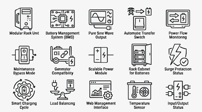 Minimalist Black and White Icons Set for UPS Systems Battery Management and Power Solutions with high quality professional line art symbols for modern creative design and digital branding projects
