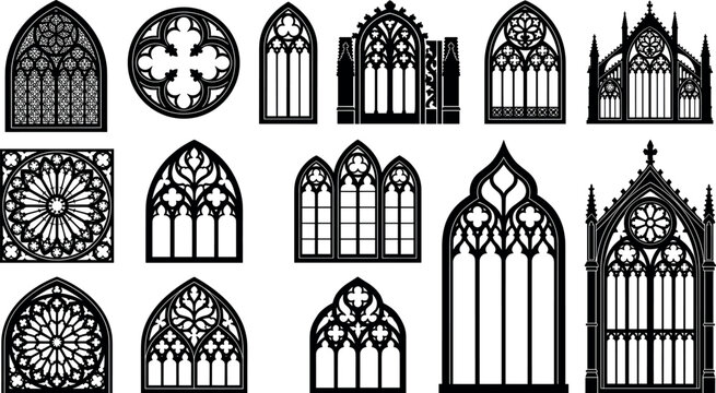 Ornate gothic window frames collection featuring detailed black silhouettes of cathedral rose windows and medieval church arch tracery elements