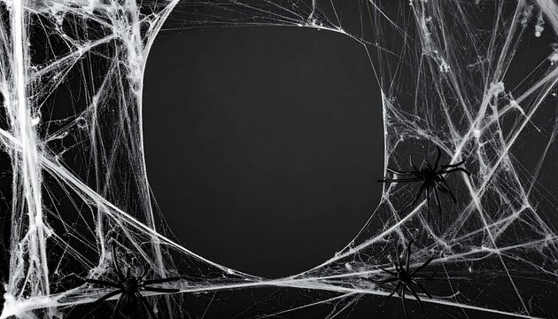 Halloween spider web with spooky spiders in corners, decorative creepy background for holiday design, dark atmosphere
