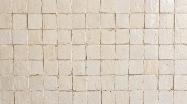 Handmade Zellige Tile Wall Background, Cream Off White Square Ceramic Tiles for Rustic Kitchen Backsplash or Minimalist Interior Design