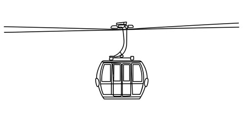Black and white line drawing of a cable car hanging on a wire © JCS Graphic Design 