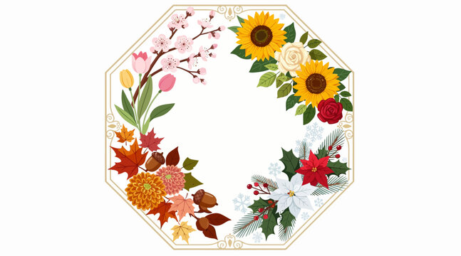 octagonal floral wreath with various flowers and leaves